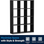 Jpiziso 12-Cube Storage Organizer, Wooden Cube Shelf Bookcase with Reinforced Thick Shelves, Heavy-Duty 36.93" L x 9.37" W x 48.82" H, for Living Room Bedroom Home Office, Black