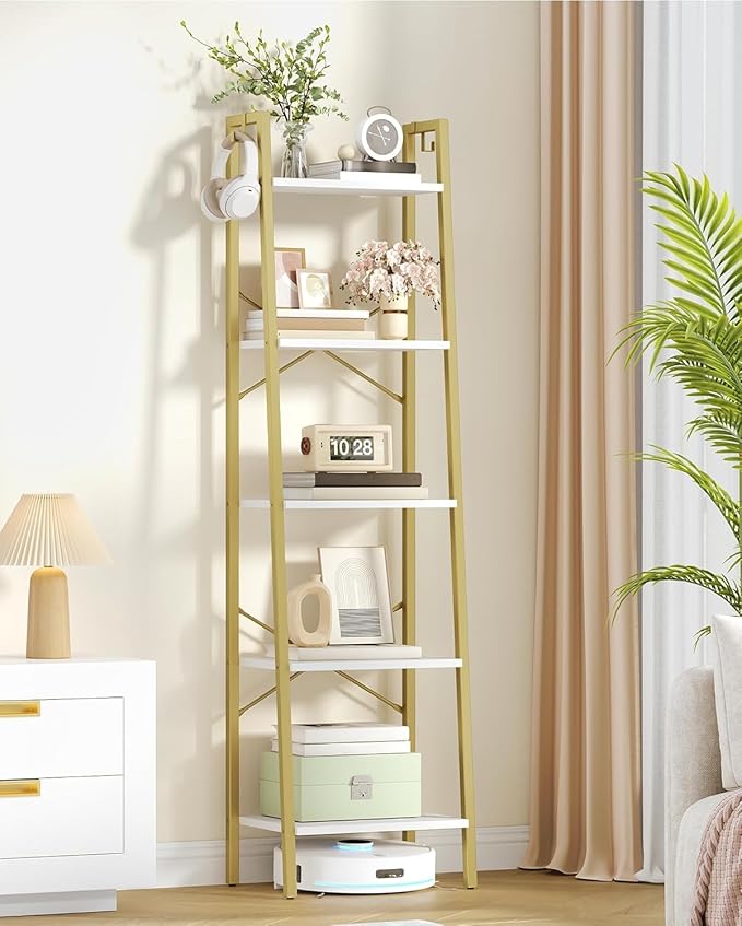 Hzuaneri Ladder Shelf, Bookshelf Bookcase, Freestanding Corner Storage Shelve with 2 Hooks for Home Office, Living Room, Kitchen, Bedroom, Industrial, 11.8" D x 17.3" W x 63" H, White Gold BC19213G
