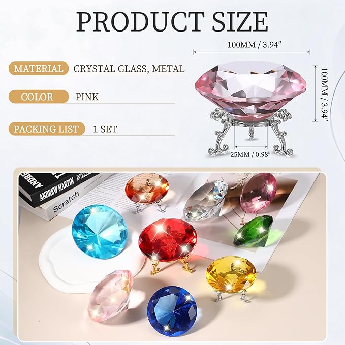 PATIKIL Diamond Crystal Paperweight, 100mm / 3.94" Crystal Paperweight Paper Weight with Silver 25 Metal Base for Home Office Desktop Table Decor Wedding Party Ornaments, Pink