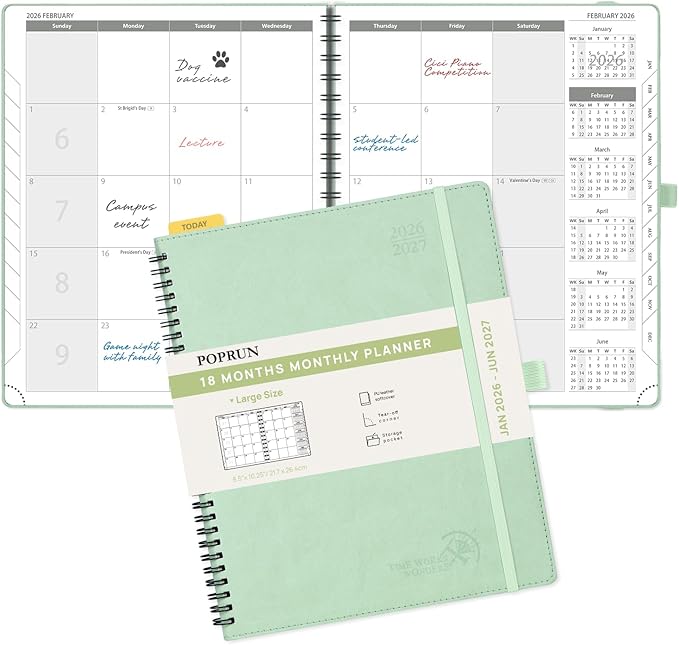 POPRUN Monthly Planner 2026-2027 (Large 8.5" x 10.5") 18 Months Calendar Book(Jan 2026 - Jun 2027) - 4 Pages per Month with Expense & Notes, Stair-like tabs, Leather Cover, Sunday Start - Green