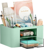 Marbrasse Pen Organizer with 2 Drawer, Multi-Functional Pencil Holder for Desk, Desk Organizers and Accessories with 5 Compartments + Drawer for Office Art Supplies (Green)