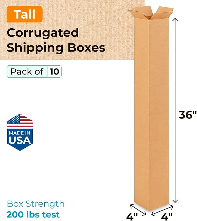 IDL Packaging Tall Moving & Shipping Boxes 4x4x36 inches (10-Pack) - Extra Strength 200 lb Kraft Corrugated Packing Boxes for Moving & Shipping