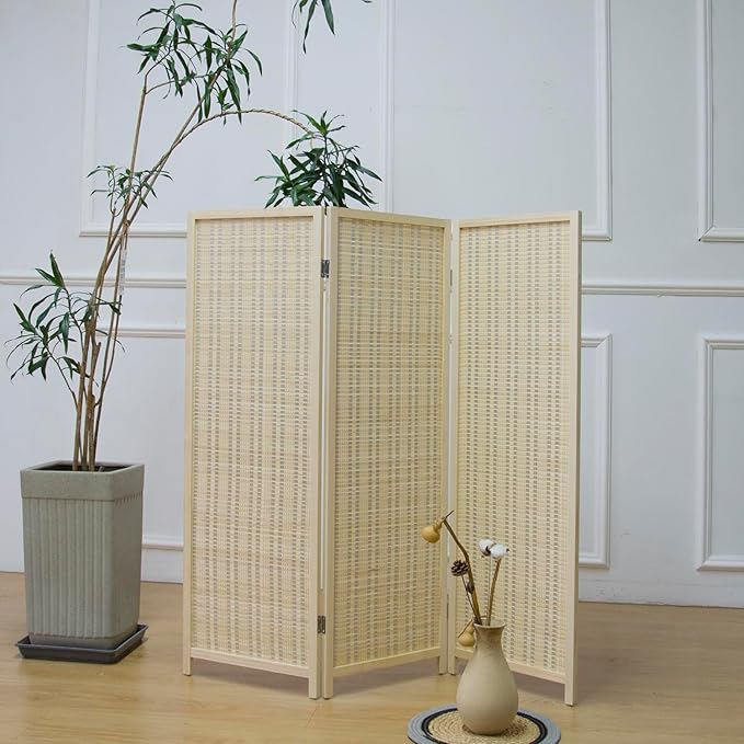 Furnnylane 3 Panel Short Room Divider Screen,Beige Freestanding Partition,Small Bamboo Panel Divider for Room Seperation,3.95 FT Tall