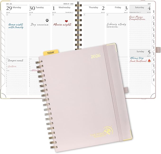 POPRUN 2026 Planner Daily Weekly and Monthly Calendar with Hourly Schedule, Monthly Tabs(Large Size 10'' x 8'' Wire-Bound Hard Cover) - Agenda 2026 (Jan.2026-Dec.2026) - Light Pink