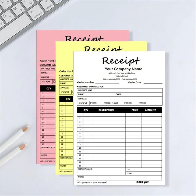 Custom Invoice Book in 3-Part /2-Part Receipt Book with Carbon Copies Personalized Carbonless Service Invoice Form Books Sales Order Book with Company Name Logo Address,D-Receipt Book
