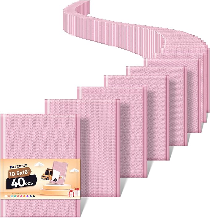 Metronic 40 Pack Bubble Mailers 10.5x16 ", Light Pink, Strong Adhesion Bubble Envelope, WaterProof #5 for Small Businesses, Bubble Mailers Usable Size 10.5x15
