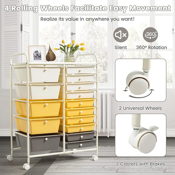 COSTWAY 15 Drawer Rolling Storage Cart, Multipurpose Mobile Storage Organizer w/Removable Drawers & Metal Frame, Utility Tools Paper Organizer on Wheels for Home, Office (Yellow, Beige & Grey)