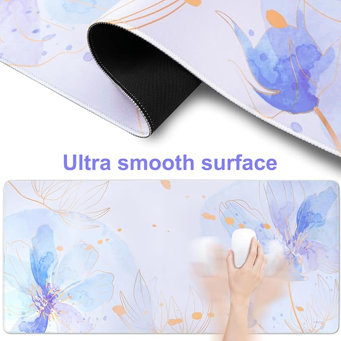 MOSISO Desk Pad Mat Keyboard Mouse Pad Set, Large Gaming Mouse Pad&Keyboard Wrist Rest&Mouse Pad with Wrist Rest&Coaster, Ink Petals Ergonomic Non-Slip Mousepad with Memory Foam for Home Office,Blue