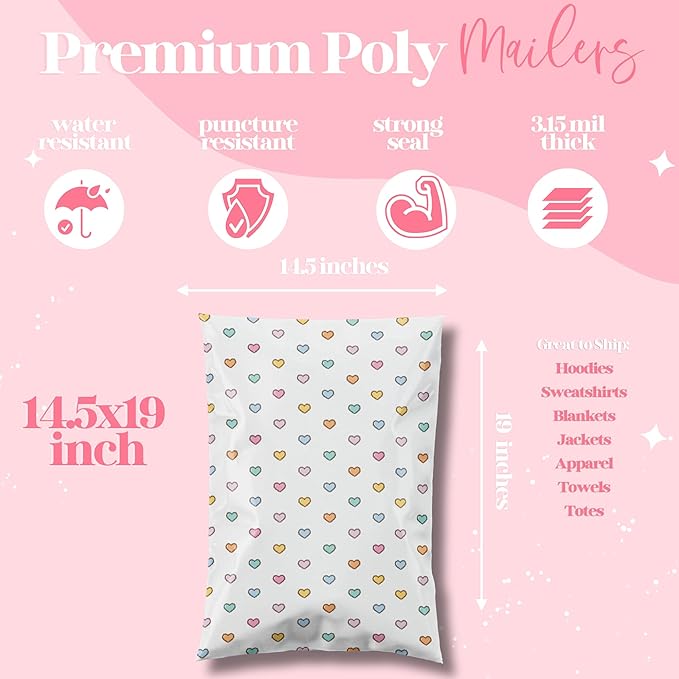 Pretty Package Store 14.5x19 Designer Poly Mailer 100 Pack Heavy Duty Waterproof Self Seal Shipping Bags for Small Business Large Mailing Envelopes Bulk Tear Resistant Packaging Preppy Hearts