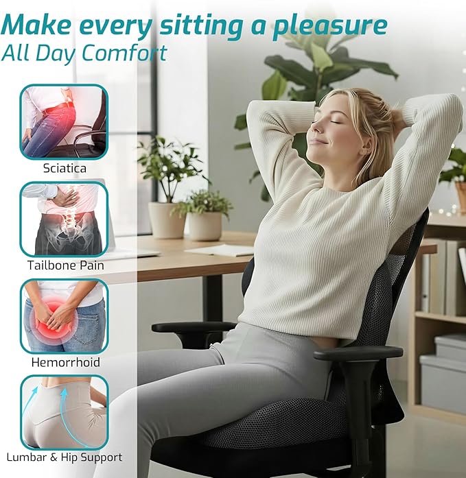 Memory Foam Seat Cushion,Office Chair Cushion with Lumbar Support,L-Shape Ergonomic Cushions with Strap,Non-Slip Sciatica,Hemorrhoids, Tailbone Pain Relief for Office Workers,Driver(Black+Mesh cloth)