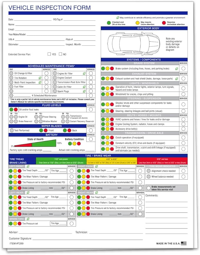 Multi-Point Inspection Form for Vehicles – 2-Part Carbonless Vehicle Checklist Pad – 8.5" x 11" Inspection Report – Edge-Glued, Manufacturer Recommended – White - Pack of 750