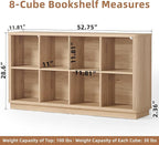 Joaxswe 8 Cube Storage Book Shelf, 52" Long Horizontal Bookshelf with Curved Edge, Floor Standing Wooden Cubby Bookcase with Base, Modern Low Console Book Case, TV Stand for Living Room, Natural Oak