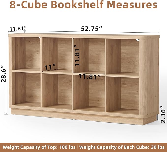 Joaxswe 8 Cube Storage Book Shelf, 52" Long Horizontal Bookshelf with Curved Edge, Floor Standing Wooden Cubby Bookcase with Base, Modern Low Console Book Case, TV Stand for Living Room, Natural Oak