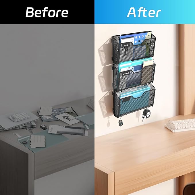 SUPEASY 6 Single Mail Organizer Wall Mounted, Wall File Organizer, Hanging File Organizer with Hooks, Mail Oganizer Binder Holder for Home Office (with 14 Adhesive Hooks)