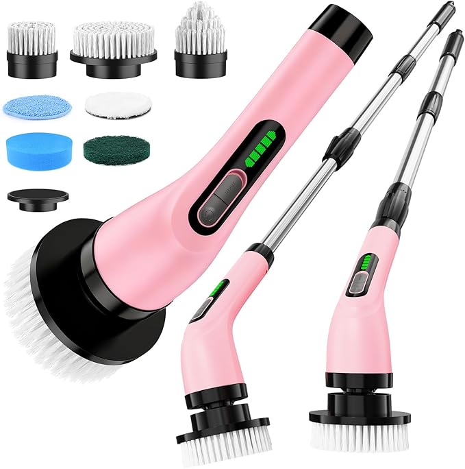 Highyes Electric Spin Scrubber for Cleaning Bathroom: Cordless Power Shower Scrubber - Electric Cleaning Brush for Tile Tub - Pink