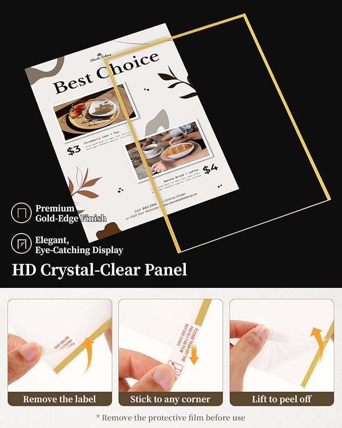 Dynta Acrylic Sign Holder 8.5x11 8pck Clear Table Display Stands Double Sided Table Sign Holders, Menu Holder for Wedding, Party, Office, Store, Home Use (Gold Frame)