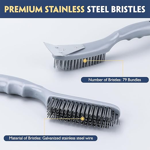 ANDOUNIER Stainless Steel Wire Brush Set 2Pcs,Heavy Duty Wire Brushes with Strong Handle & Metal Scraper,for Cleaning Welding Slag & Rust,Dust and Paint Scrubbing