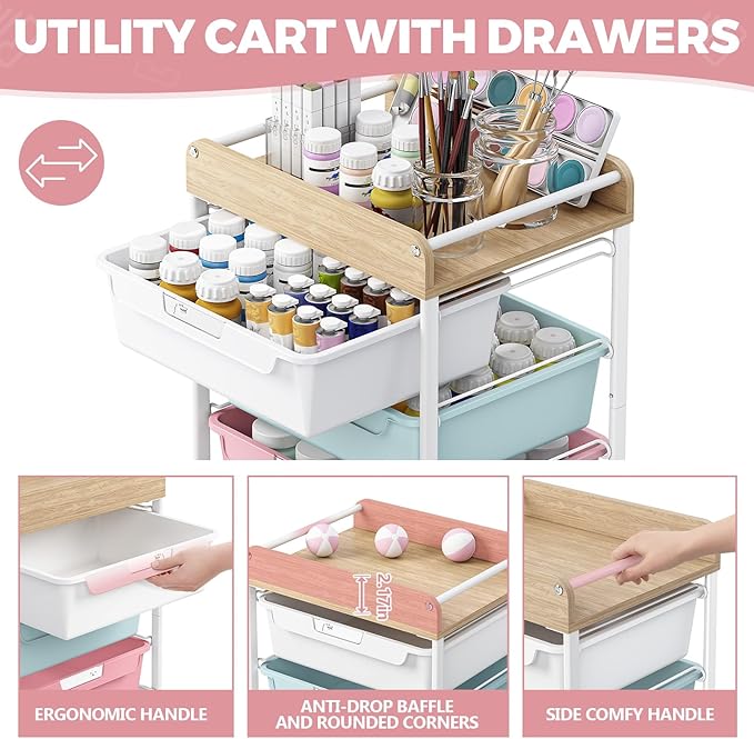 Rolling Storage Utility Cart With 5 Drawers,Craft Cart with Wheels,Makeup Organizer,Art Supply And Storage Wooden Tabletop,Rainbow