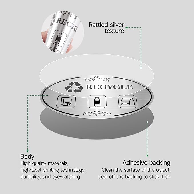 2PCS Recycle Stickers for Trash Bins, Self-Adhesive Waterproof Brushed Silver Trash and Recycling Stickers for Trash Can, Kitchen, Office, Garbage Bin Indoor, Outdoor Use 5.5x3.2IN