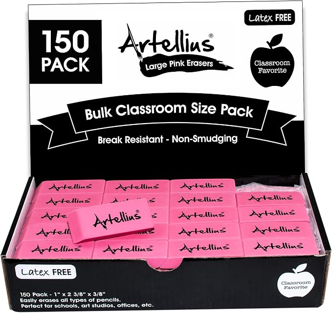Artellius Teacher Supplies Erasers - Pink, Large 150-Count - Pencil Erasers for Kids & Classroom Use