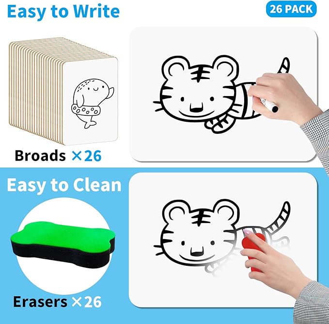 OSIMIG 26 Pack Small White Board Dry Erase, Mini Dry Erase Board 9" x12”, Double Sided Personal Whiteboards with 26 Erasers, White Boards for Students Teachers School Supplies