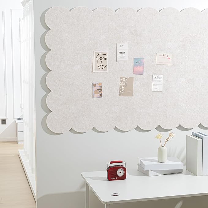 Mooliwe Scalloped Felt Bulletin Board 72 x 48 Inches Foldable Beige Pin Cork Board Alternative for Wall, 6' x 4' Trifold Picture Vision Self Adhesive Bulletin Decorative