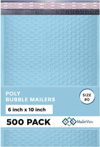 Light Blue Small Poly Bubble Mailers 6x10 inch #0 | Self Seal Padded Envelopes | Cushioned Bubble Mailer | Usable Size 6x9 | WaterProof | Lightweight mailing Shipping Bags | 500 Pack Bulk