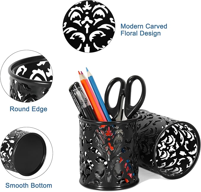 EasyPAG Black Pen Holder for Desk, 2 Pack Round Pen Organizer, Brush Holder for Vanity, Metal Pencil Cup Organizer for Home, Office, Classroom, School