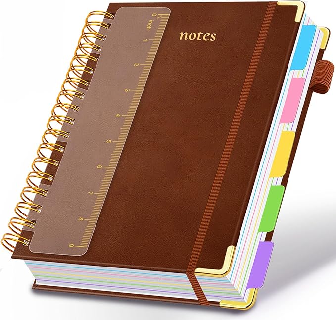 Hardcover Spiral Notebook 8"x10" Journal Notebook with Tabs and Removable Dividers 300 Pages 5 Subject Notebook College Ruled, Faux Leather Spiral Bound Notebook for Women School Work (Brown)
