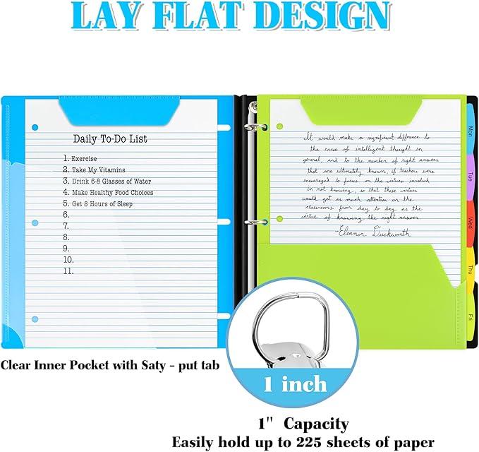 INFUN 1 Inch Telescoping 3 Ring Binder - 1PCS,Flexible Round Binder with Customizable Front Cover and Clear Catalog Pocket, 1 Inch Rings, 225 Sheet Capacity-Blue