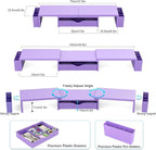 Spacrea Metal Desk Organizers and Accessories, Dual Monitor Stand Riser with Drawer and 2 Pen Holders, Desk Accessories & Workspace Desktop Organizers for Office Supplies (Purple)