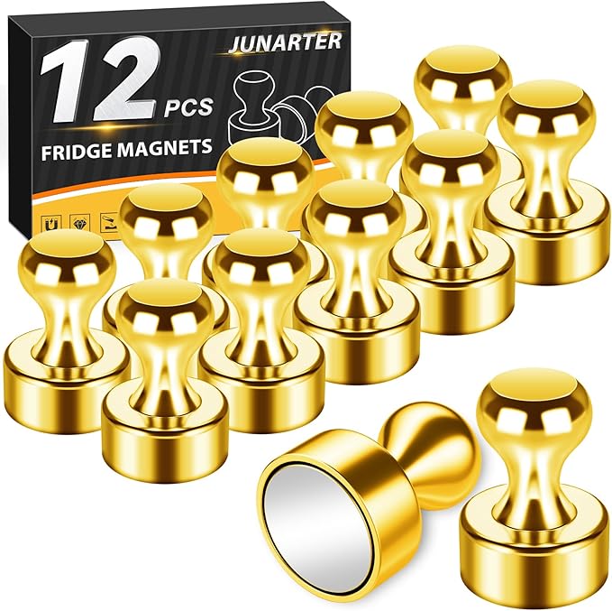 Junarter 12 Pack Magnetic Push Pins, Gold Fridge Magnets, Whiteboard Magnets, Refrigerator Magnets Strong, Dry Erase Board Magnets for Fridge, Whiteboard, Office, Classroom, Kitchen, Map