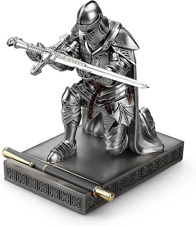 HDMbigmi King's Guard Leader Cloak Warrior Knight Pen Holder Mobile Phone Stand, Ornament Knight Statue, Pen Stand Paperweight for Office and Home (Silver)