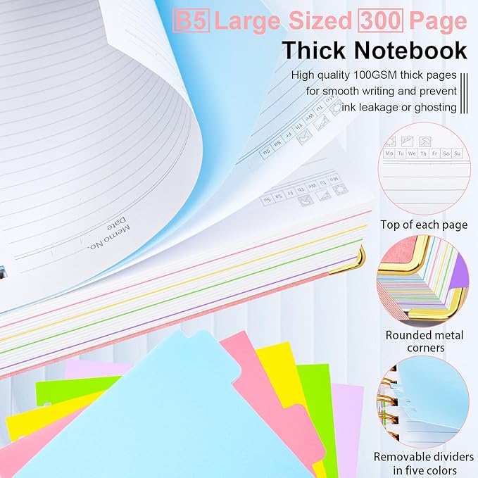 Hardcover Spiral Notebook 8"x10" Journal Notebook with Tabs and Removable Dividers 300 Pages 5 Subject Notebook College Ruled, Faux Leather Spiral Bound Notebook for Women School Work (Pink)