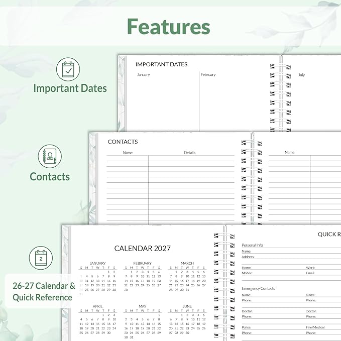 SUNEE 2026 Planner, Weekly and Monthly Calendar Planner, January 2026-December 2026, Daily Agenda with Tabs, Note Pages, Spiral Binding, 6.4"x8.3", Leaf