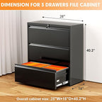 INTERGREAT 3-Drawer Black Lateral File Cabinet, Locking Metal Lateral Filing Cabinets with Lock, 28" W Horizontal Storage Cabinet with Adjustable Shelves for Home & Office