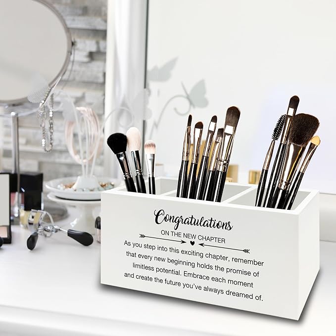 XPH Congratulations Gift Pen Pencil Holder Organizer for Desk, Graduation Gifts, New Job Gifts, Congratulations on the New Chapter Wooden Box Sign for Home Office Desk Tabletop Decorations
