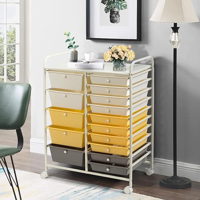 LDAILY 15 Drawer Rolling Storage Cart, Rolling Cart with Drawers for Classroom, Art Supply Craft Organizer on Wheel with Metal Frame & Handles for Home Office School