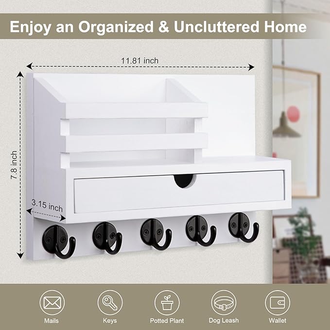 Lucundm Key Holder Wall Mount, Mail Holder with Storage Drawer and 5 Key Hooks for Coat, Dog Leash, Home Decor Rack, House Accessories, Entry Way Organizer