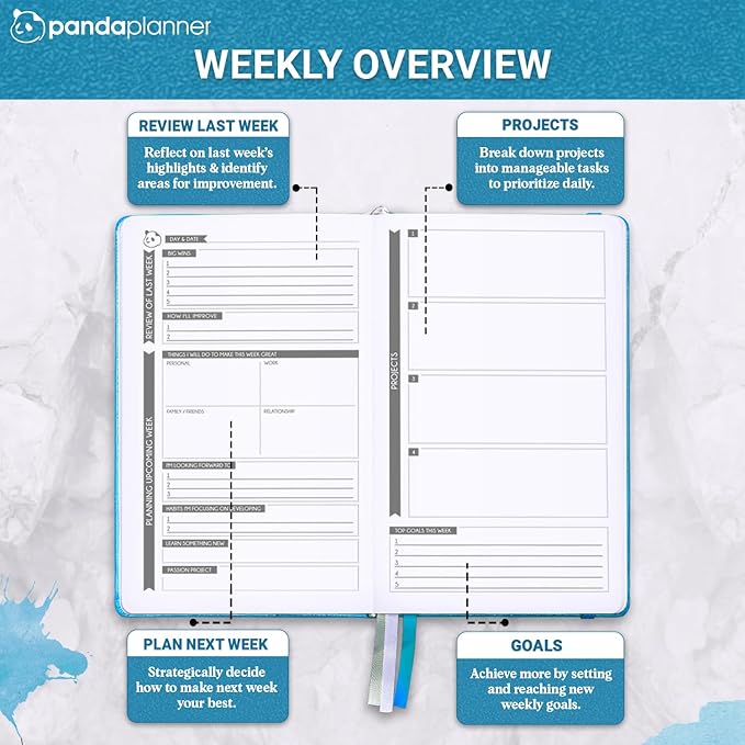 Panda Planner Classic A5 Daily Planner 2026 – Undated Daily Monthly & Quarterly Planner with Hourly Schedule, To Do List, Goal Planner, Habit Tracker, Gratitude Journal & Productivity Organizer – Cyan Blue