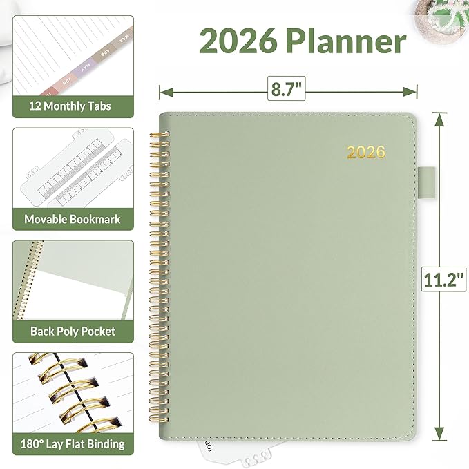 SUNEE 2026 Planner, Weekly and Monthly Calendar Planner 9"x11.2"- 12 Month (January 2026 - December 2026), Vegan Leather Cover, Pocket, Bookmark, Notes, Monthly Tab, Sage Green