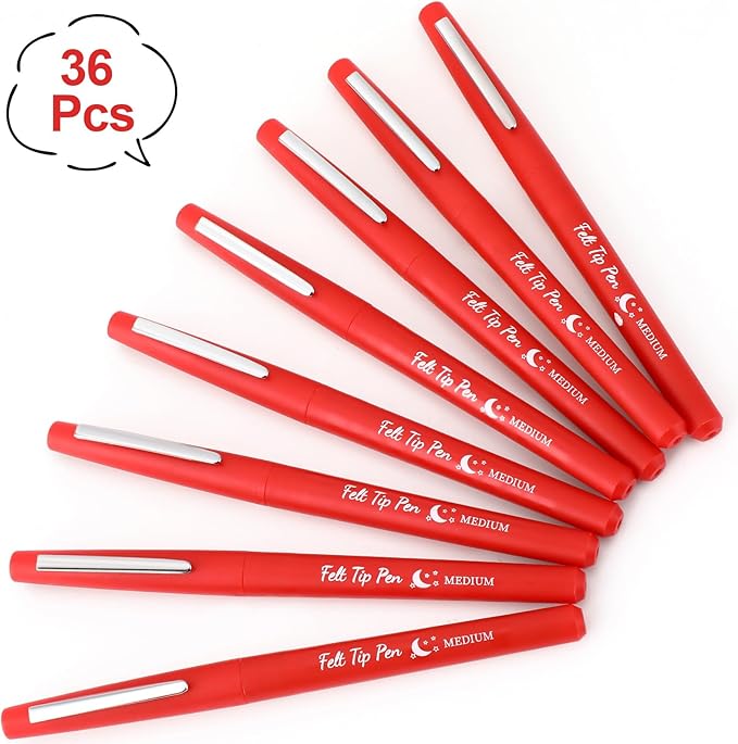 Fuyoooo 36 Pcs Felt Tip Pens 0.7mm Medium Point Colored Felt Tip Pens for Journaling Planner Writing Note-taking Art Office and School Supplies(Red)