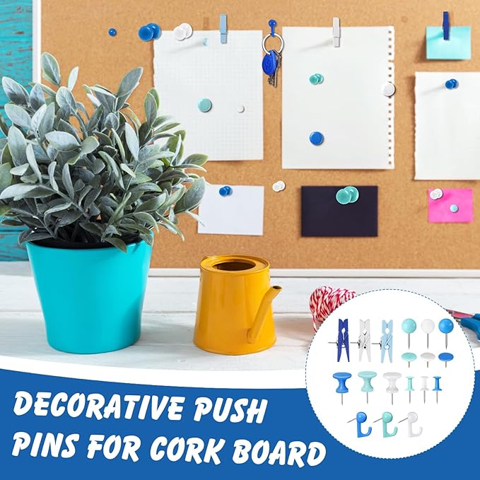 600 Pcs Decorative Push Pins, White Blue Thumb Tacks 6 Types Cute Push Pin Clips for Bulletin Board Wall Cork Board Colorful Classroom Decor Teacher Must Haves Supplies School Crafts Project