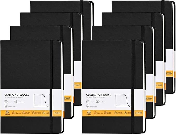 Lined Notebook Journals for Writing 5.5 x 8.2 inches, 160 Pages A5 Size with Expandable Pocket, Hardcover Notebooks for Work, 100GSM Paper (Classic Black 8 Packs)