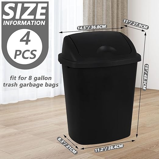 Uumitty 4-Pack Swing Top Wastebasket, 8 Gallon, Black, Modern Plastic Garbage Bin for Kitchen, Bathroom, Garage and Workspace, Fits 8 Gal Liners