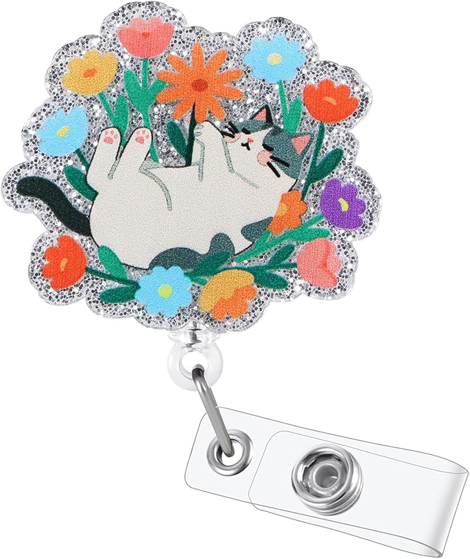 Cute Cat Floral Nurse Badge Reel, Retractable ID Card Cat Lover Badge Holders, Medical Work Badge Clip for RN LPN MA Pediatric Rehabilitation Department Therapists Physician Psychologist Psych