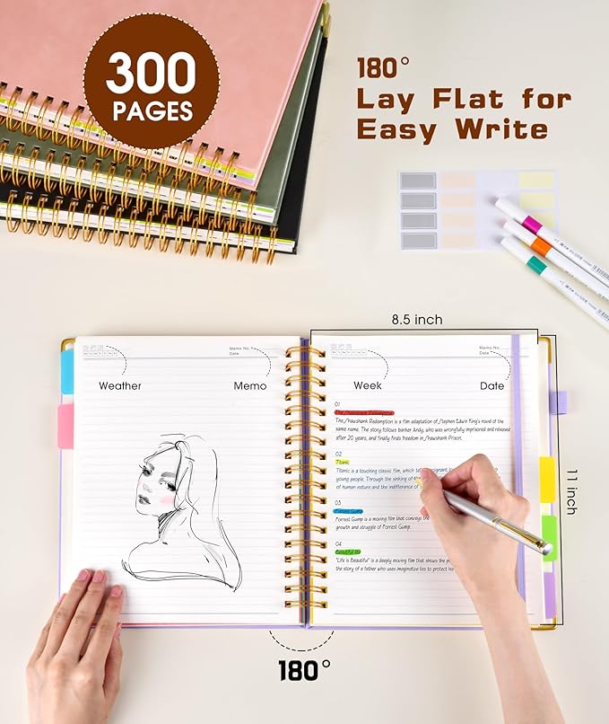 Hardcover Spiral Notebook 8.5"x11" Journal with Removable Dividers Tabs, 300 Pages Leather 5 Subject Notebook College Ruled, Large A4 Notebooks for Work School, Lined Journal for Women, A4 Purple