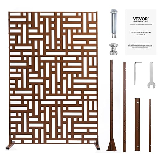 VEVOR Metal Privacy Screen, 36" W x 72" H, Outdoor Privacy Screens & Panels, Freestanding Outdoor Divider with Stand, 3-Panel Decorative Garden Steel Privacy Fence for Balcony Patio Indoor Room Brown