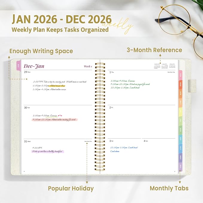 2026 Planner, Annecy Weekly ＆ Monthly Planner 2026, Jan. 2026 – Dec. 2026, 9" x 11" Monthly Agenda Planner with Tabs, Flexible Linen Cover, Spiral Binding, Double-sided Pocket, Bookmark, Beige
