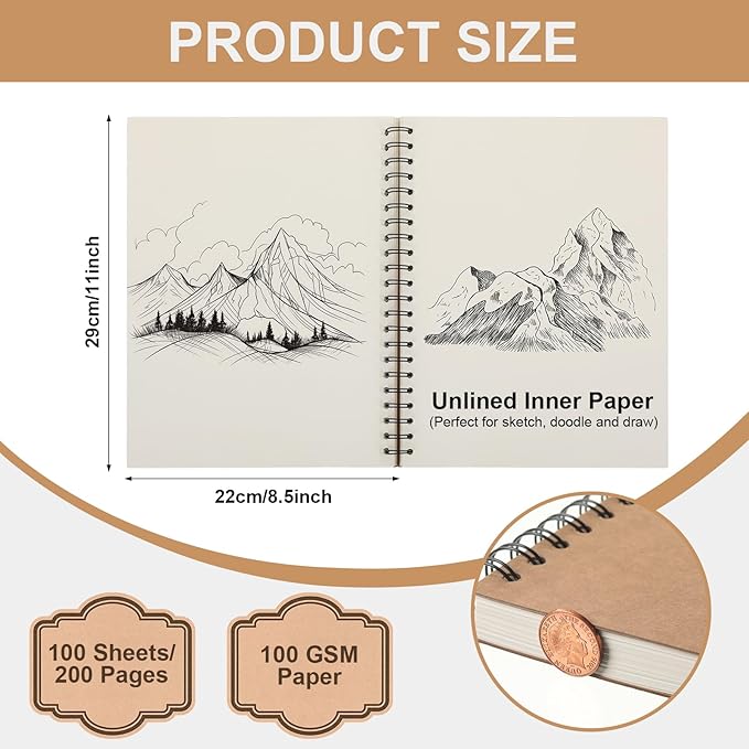 PerKoop 4 Pcs 8.5"x11" Spiral Sketch Pad A4 Large 100 Sheet Blank Notebook Sketch Pads 60lbs (100gsm) Xmas Gifts Sketching Drawing Pad Journals Art Sketchbook for Teachers Students Kids